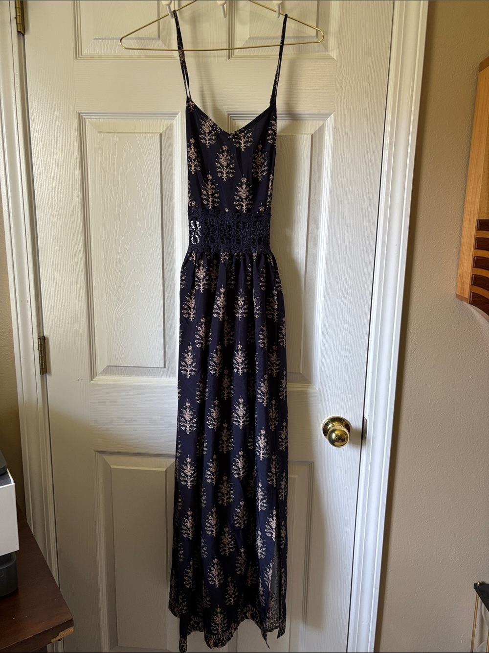 Navy Floral Maxi Dress Size Medium | Lace Waist Detail | Side Slit Dress